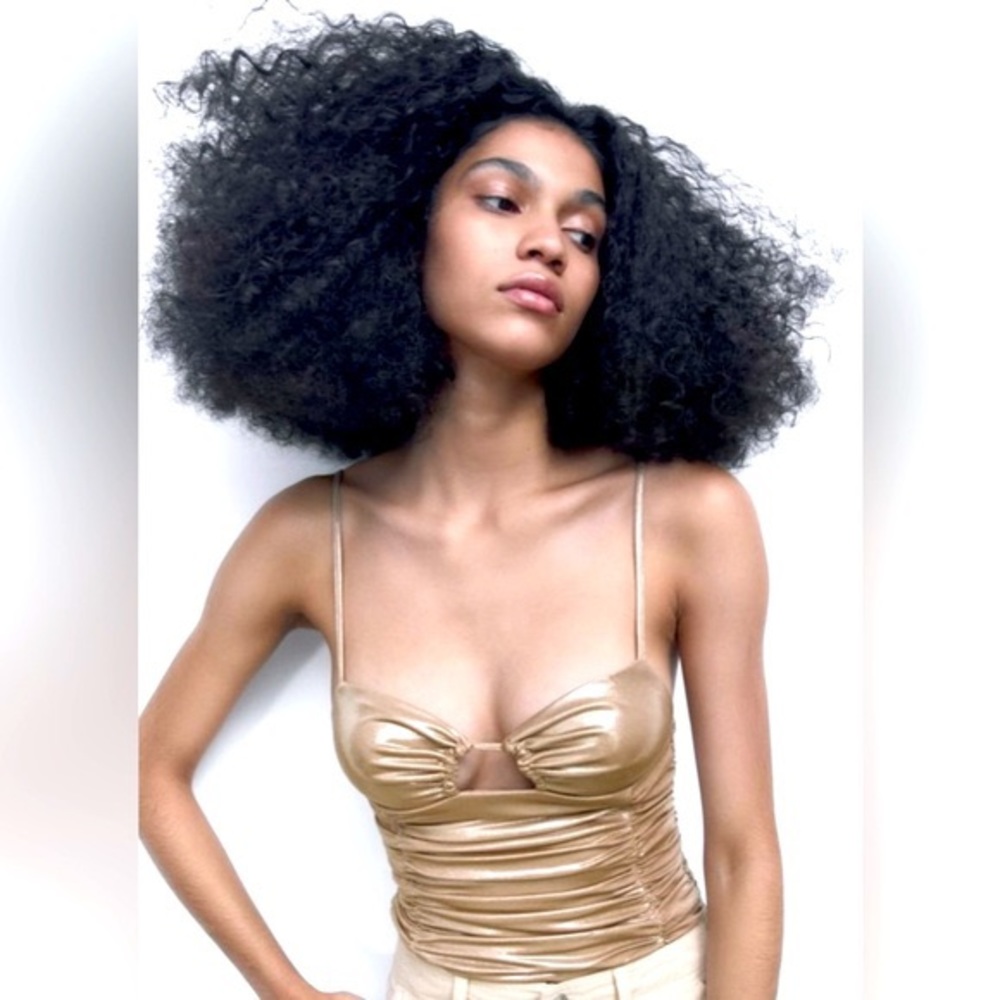 NEVER WORN W/ TAGS: Zara Gold Metallic Ruched Bodysuit with. Cutout Ring Detail